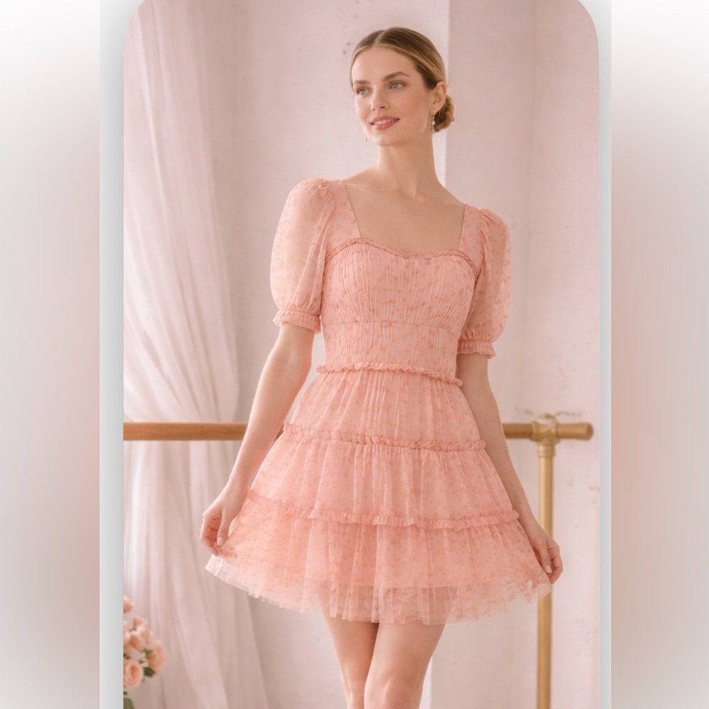 NWT Jonathan Simkhai Delilah Floral Flouncy Tulle Mini Dress - peach Pink Sz 10